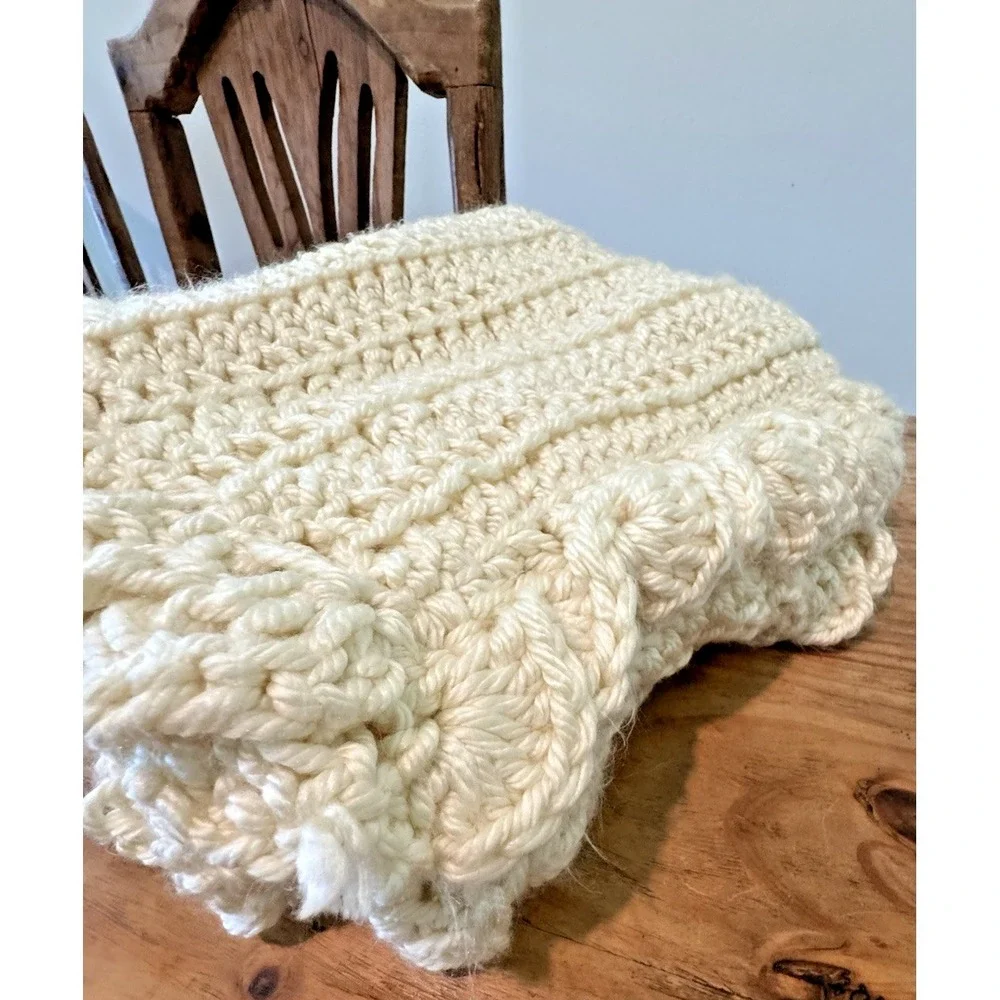 Afghan Blanket Wrap Crochet Handmade Bulky Chunky Baby Lap Ivory 45 X 39